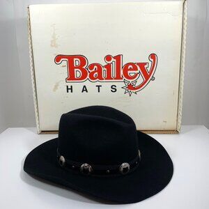 Bailey Tombstone Black Wool Western Cowboy Hat Silver Concho Band SZ 7 Western